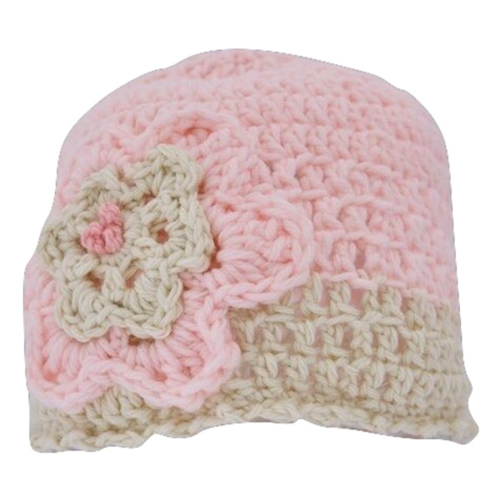Homemade Hand Crocheted Pink & Beige Flower Beanie Winter Hat - Picture 1 of 2